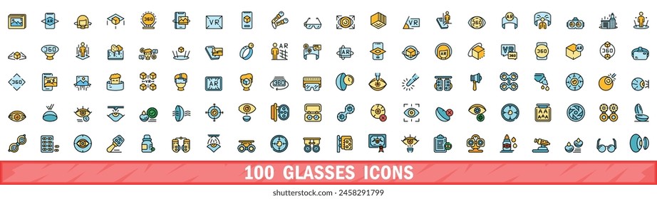 100 glasses icons set. Color line set of glasses vector icons thin line color flat on white