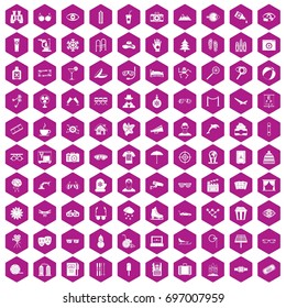 100 glasses icons set in violet hexagon isolated vector illustration