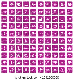 100 global warming icons set in grunge style pink color isolated on white background vector illustration