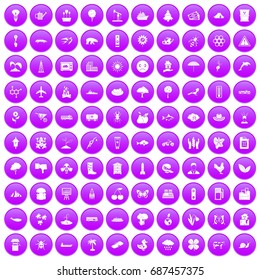 100 global warming icons set in purple circle isolated on white vector illustration
