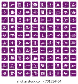 100 global warming icons set in grunge style purple color isolated on white background vector illustration