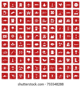 100 global warming icons set in grunge style red color isolated on white background vector illustration