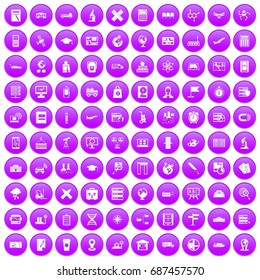 100 globe icons set in purple circle isolated on white vector illustration