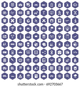 100 globe icons set in purple hexagon isolated vector illustration