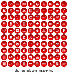 100 globe icons set in red circle isolated on white vector illustration
