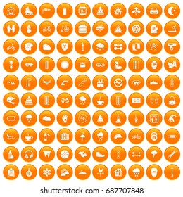 100 glove icons set in orange circle isolated vector illustration