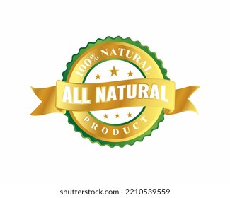 100% gold natural product badge with green metal border on white background isolated vector illustration