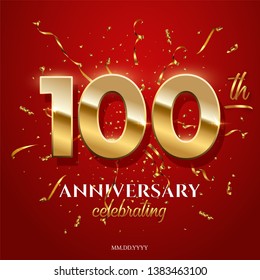 100 golden numbers and Anniversary Celebrating text with golden serpentine and confetti on red background. Vector hundredth anniversary celebration event square template