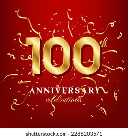 100 golden numbers and anniversary celebrating text with golden confetti spread on a red background