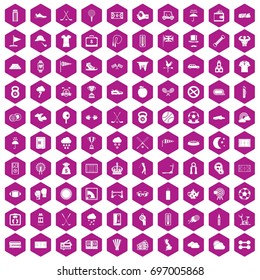 100 golf icons set in violet hexagon isolated vector illustration