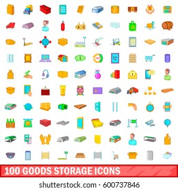 100 goods storage icons set in cartoon style for any design vector illustration