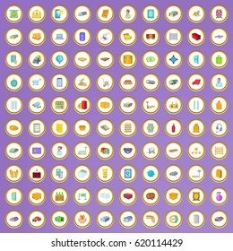 100 goods storage icons set in cartoon style on purple background vector illustration