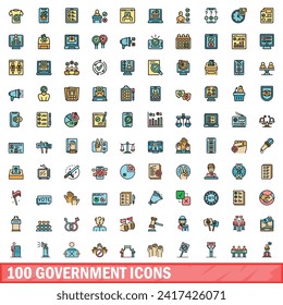 100 government icons set. Color line set of government vector icons thin line color flat on white