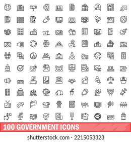 100 government icons set. Outline illustration of 100 government icons vector set isolated on white background