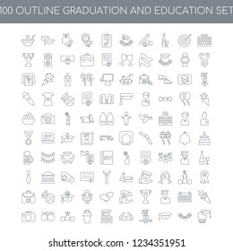 100 Graduation and Education universal icons set with University linear, Laurel wreath hat Wisdom Glasses Conference Podium Apple Camera linear