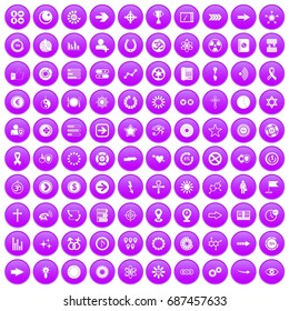 100 graphic elements icons set in purple circle isolated on white vector illustration