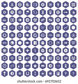 100 graphic elements icons set in purple hexagon isolated vector illustration