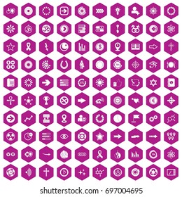 100 graphic elements icons set in violet hexagon isolated vector illustration