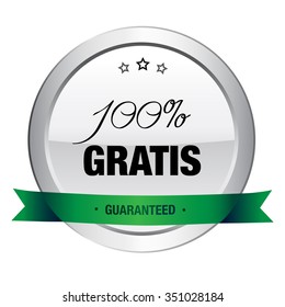 100% gratis seal or icon. Silver seal or button with stars and green banner.