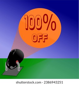 100% gray, black and red reflector iluminates promotions and discounts in the blue sky, in orange