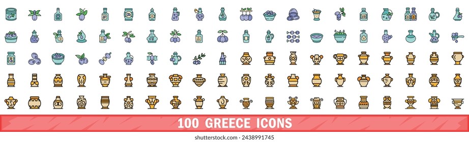 100 greece icons set. Color line set of greece vector icons thin line color flat on white