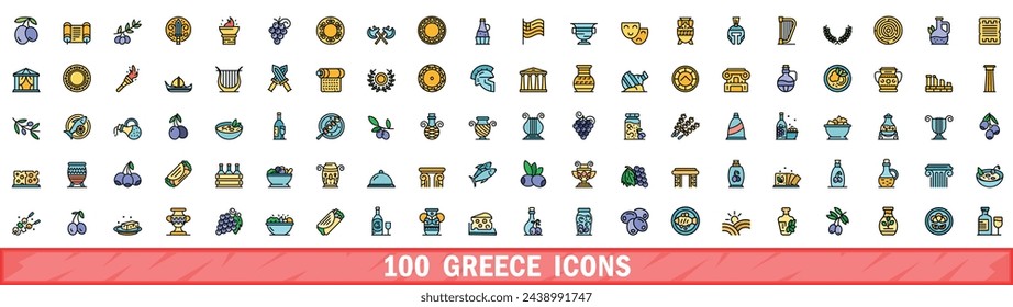 100 greece icons set. Color line set of greece vector icons thin line color flat on white