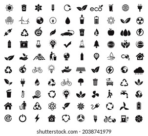 100 green ecology icon set. Environment and conservation saving support. energy sign and symbol. vector illustration