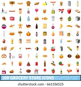 100 groceries packaging icon set. Cartoon illustration of 100 groceries packaging icon vector set isolated on white background