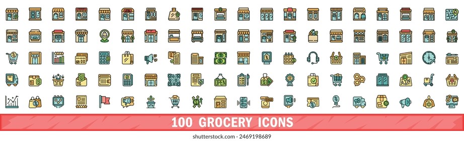 100 grocery icons set. Color line set of grocery vector icons thin line color flat on white