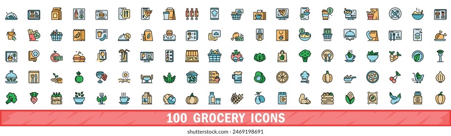 100 grocery icons set. Color line set of grocery vector icons thin line color flat on white