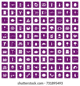 100 grocery shopping icons set in grunge style purple color isolated on white background vector illustration