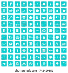 100 grocery shopping icons set in grunge style blue color isolated on white background vector illustration