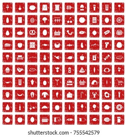 100 grocery shopping icons set in grunge style red color isolated on white background vector illustration