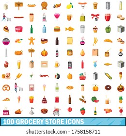 100 icônes d'épicerie, définies dans un style de dessin animé, pour toute illustration vectorielle de création
