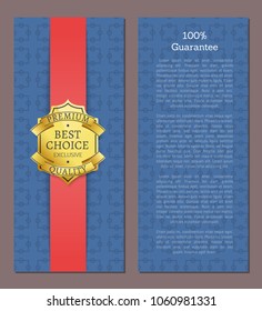 100% guarantee best choice exclusive premium quality golden label, award or reward from gold, promo emblem best choice vector on red ribbon on blue