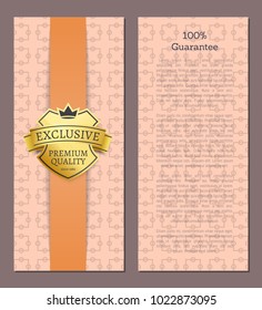 100% guarantee exclusive premium quality golden label isolated on pink vector illustration poster, assurance seal of best product certificate poster