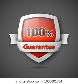 100% Guarantee guard shield concept. 100% safety badge icon. Privacy guarantee shield banner. Security guarantee label. Defense tag. Presentation shining sticker shape. Defense safeguard shield vector