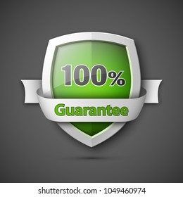 100% Guarantee guard shield concept. 100% safety badge icon. Privacy guarantee shield banner. Security guarantee label. Defense tag. Presentation shining sticker shape. Defense safeguard shield vector