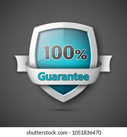 100% Guarantee guard shield concept. 100% safety badge icon. Privacy guarantee shield banner. Security guarantee label. Defense tag. Presentation shining sticker shape. Defense safeguard shield vector