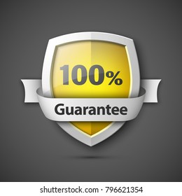 100% Guarantee guard shield concept. 100% safety badge icon. Privacy guarantee shield banner. Security label. Defense Protected tag. Presentation shining sticker shape. Defense safeguard shield vector