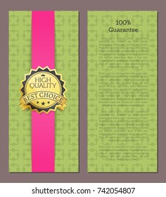 100 % guarantee high quality award best choice vector illustration banner on green background with squares and circles and place for text