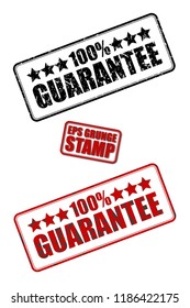 100% guarantee red and black text grunge rubber ink postage stamp isolated on white background. Grungy vector stencil sticker illustration. Retro shabby poster. Vintage rectangular tag template.
