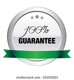 100% guarantee seal or icon. Silver seal or button with stars and green banner.