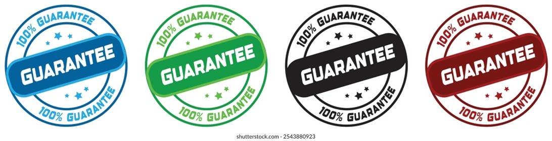 Ícone de selo de garantia de 100% em vermelho, azul, preto e branco selo de garantia de qualidade para produto e serviço de garantia