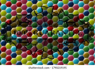 100% Guarantee text inside Currency Colorful candy badge. Hexagon delicate background. Intense illustration. 