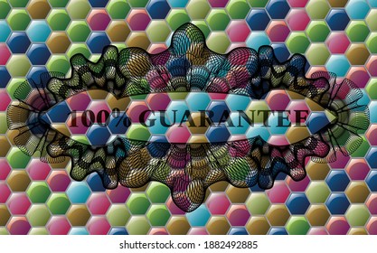 100% Guarantee text inside Currency Colorful candy badge. Hexagon luxurious background. Intense illustration. 