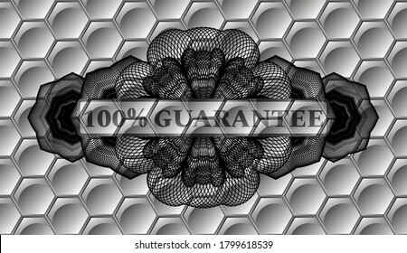 100% Guarantee text inside Guilloche grey color shiny pattern realistic badge. Trendy delicate background. Vector illustration. 