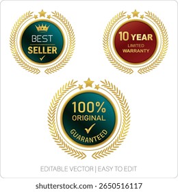 100% guaranteed Badges Set, Golden and Metal Vector Stamps and Hexagon Label Design with text design.