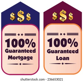 100% guaranteed loan and mortgage vector label or badge isolated on white background. One hundred percent guarantee rent label assuring rent for the property or object.
