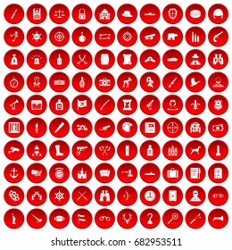 100 guns icons set in red circle isolated on white vector illustration
